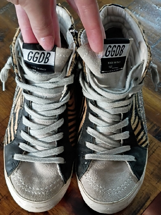 Golden Goose Shoes - GGDB High-Top Sneakers in Beige, Black & Tan Zebra
